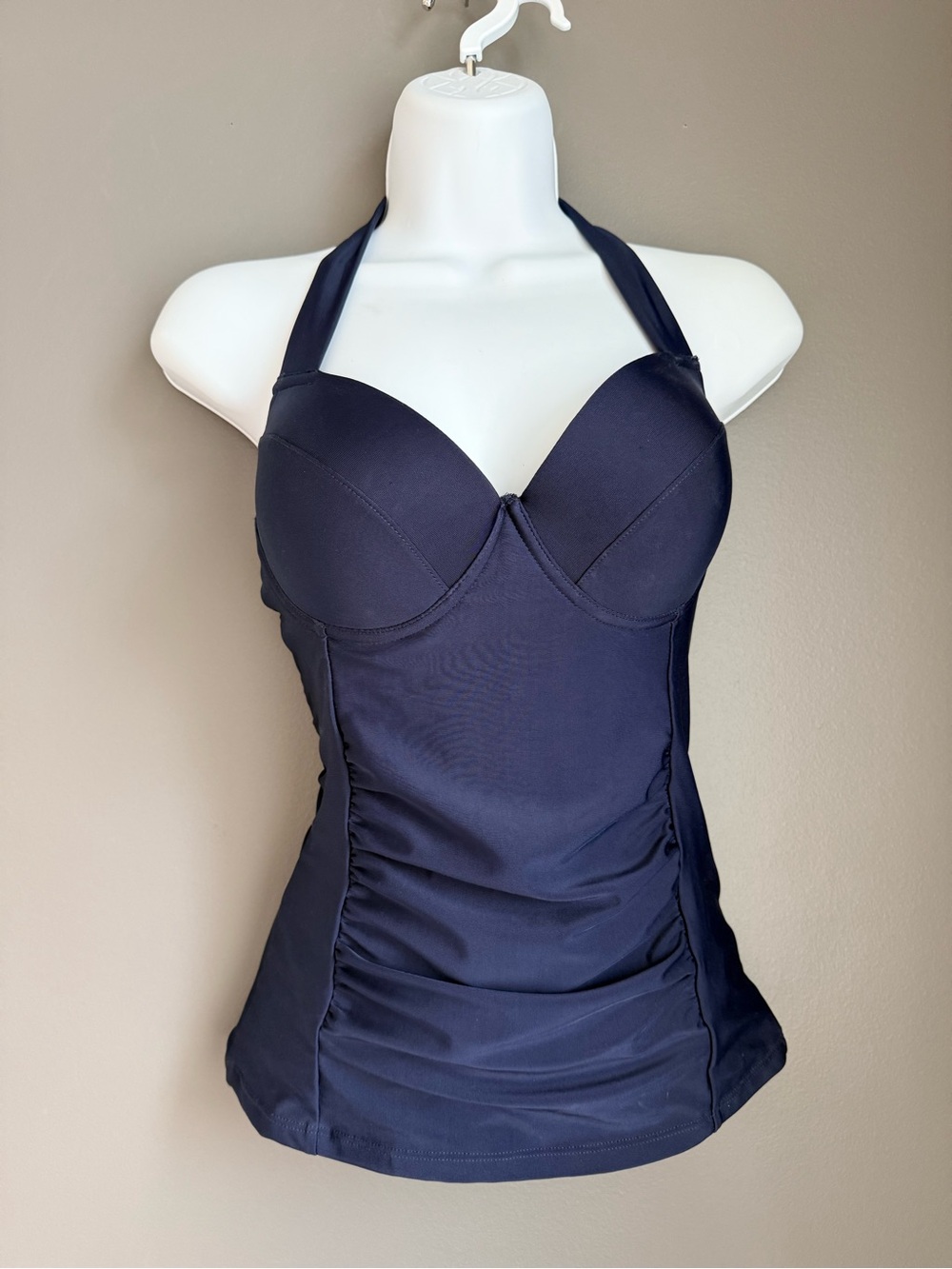 Navy Halter Neck Ruched Tankini Top with Molded Cups